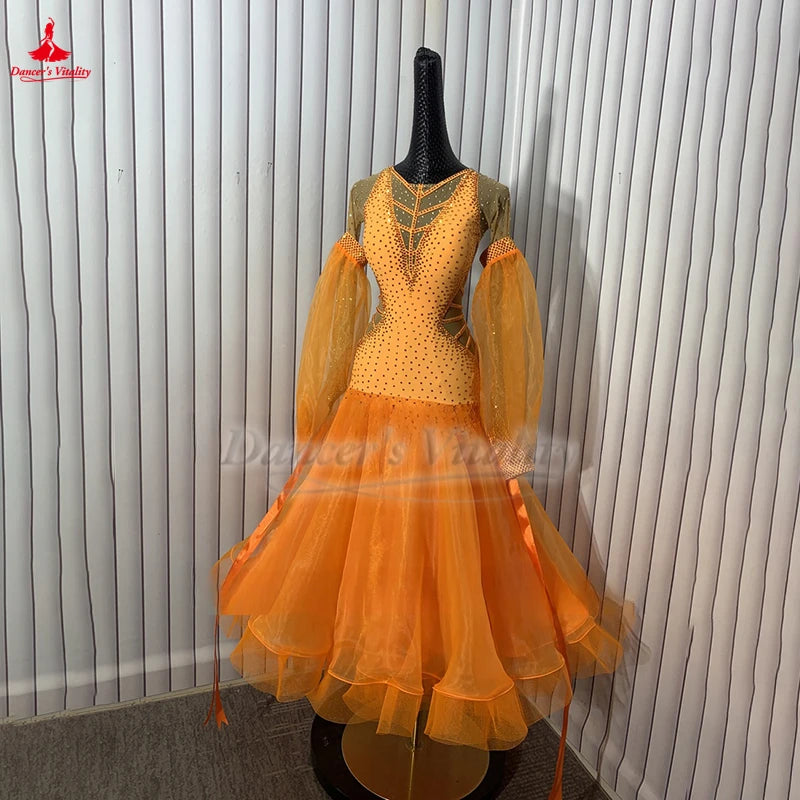 Women's Ballroom Standard Dance Dress Long-Sleeve Full Skirt Organza Orange For Competition Performance