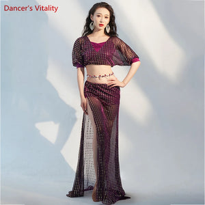 Women's Purple Sequin Mesh Crop Top & High Slit Skirt Belly Dance Costume