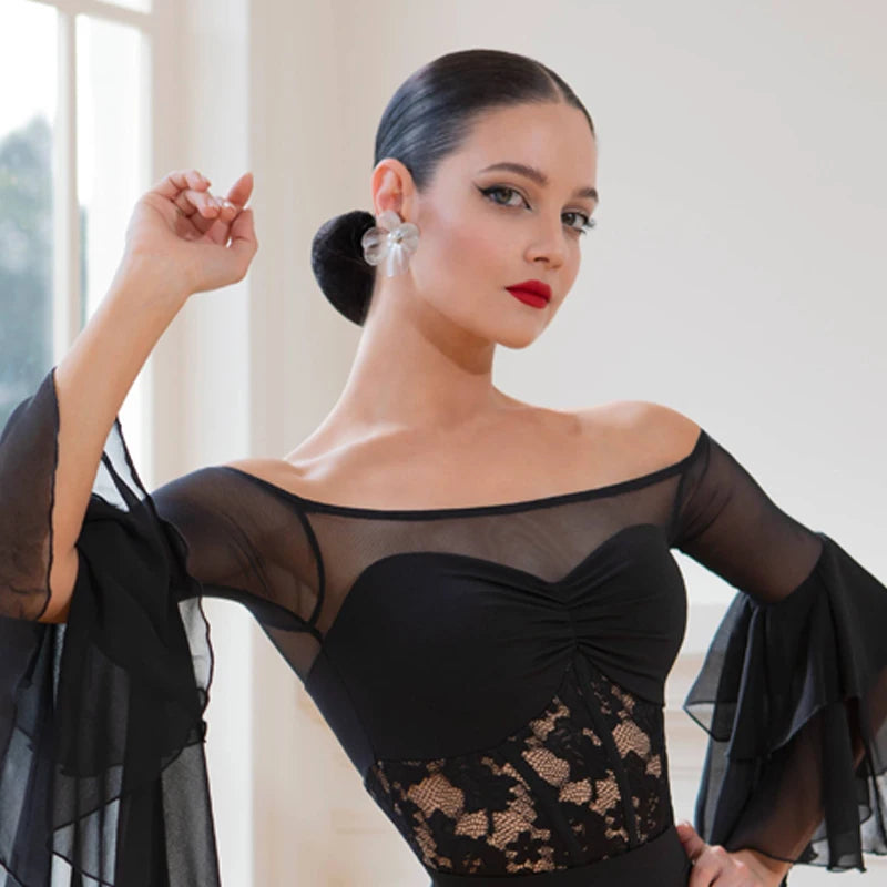 Women's Black Off-Shoulder Lace & Chiffon Ruffled Sleeve Ballroom Dance Dress