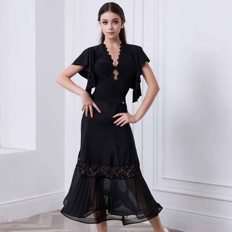 Women's Brown V-Neck Ruffle Sleeve Ruched Ballroom Dance Dress, Women's Black V-Neck Ruffle Sleeve Lace Pleated Hem Ballroom Dance Dress
