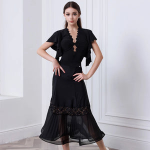 Women's Brown V-Neck Ruffle Sleeve Ruched Ballroom Dance Dress, Women's Black V-Neck Ruffle Sleeve Lace Pleated Hem Ballroom Dance Dress