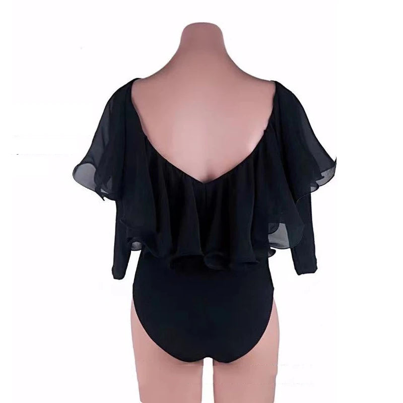 Women's White Ruffled Off-Shoulder Bodysuit with Long Sleeves, Blue High-Waisted Button-Front Pants for Latin Dance