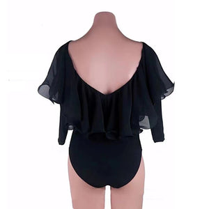 Women's White Ruffled Off-Shoulder Bodysuit with Long Sleeves, Blue High-Waisted Button-Front Pants for Latin Dance