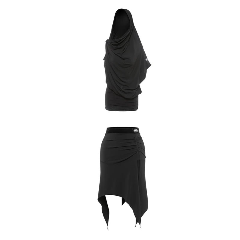 Women's Black Hooded Draped Top and Asymmetrical Skirt Latin Dance Set