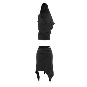 Women's Black Hooded Draped Top and Asymmetrical Skirt Latin Dance Set