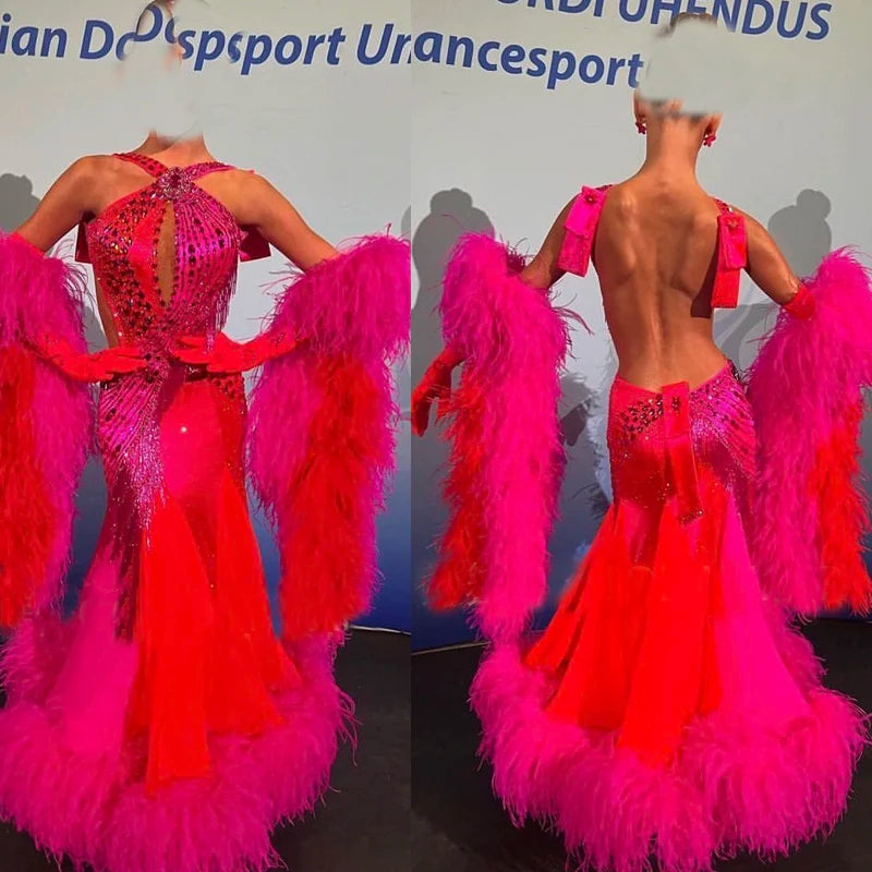 Women's Hot Pink & Orange Sequin Feather Halter Neck Backless Latin Ballroom Dance Dress