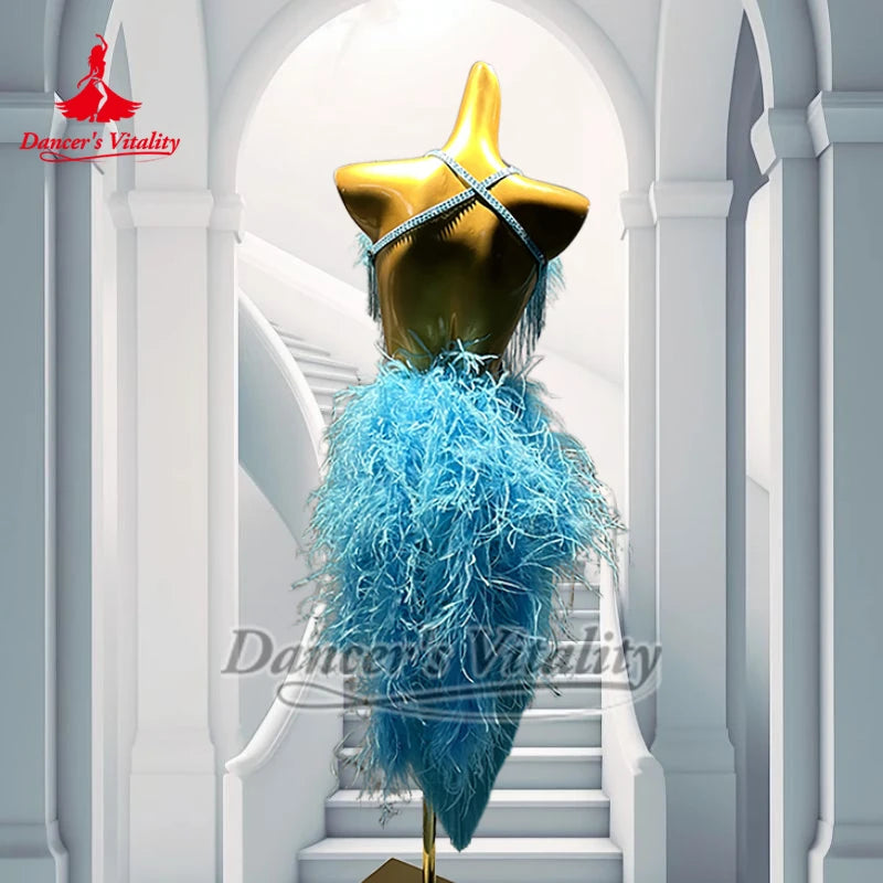 Women's Azure Ostrich Feather & Fringe Latin Dance Dress