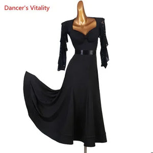 Women's Black Ballroom Dance Dress with Sweetheart Neckline, Ruffled Sleeves, and Satin Waistband