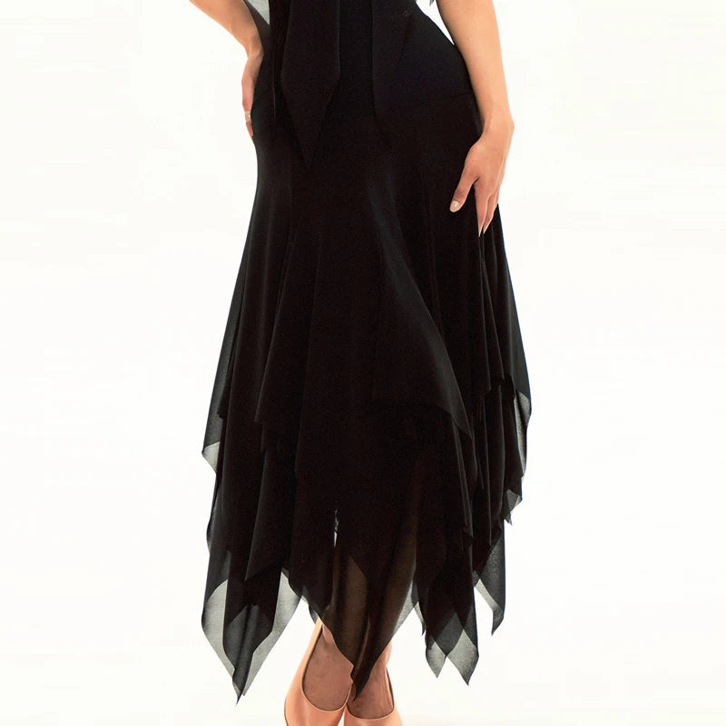 Women's Black Ruffled Cold Shoulder Mesh Ballroom Dance Dress