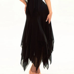 Women's Black Ruffled Cold Shoulder Mesh Ballroom Dance Dress