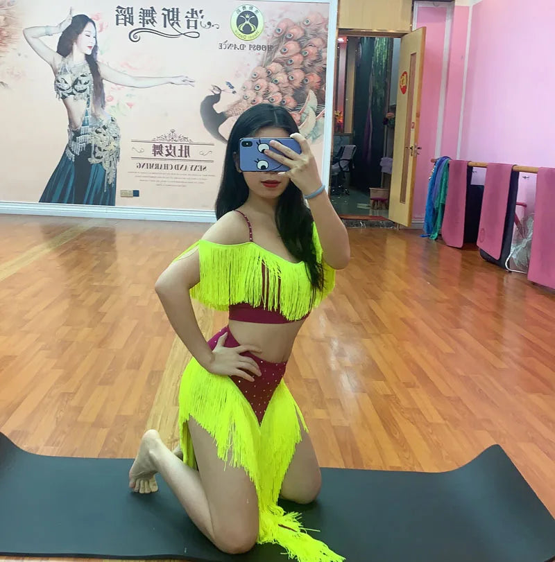 Women's Hot Pink & Yellow Fringe Belly Dance Costume Set with Off-Shoulder Top and High-Slit Skirt
