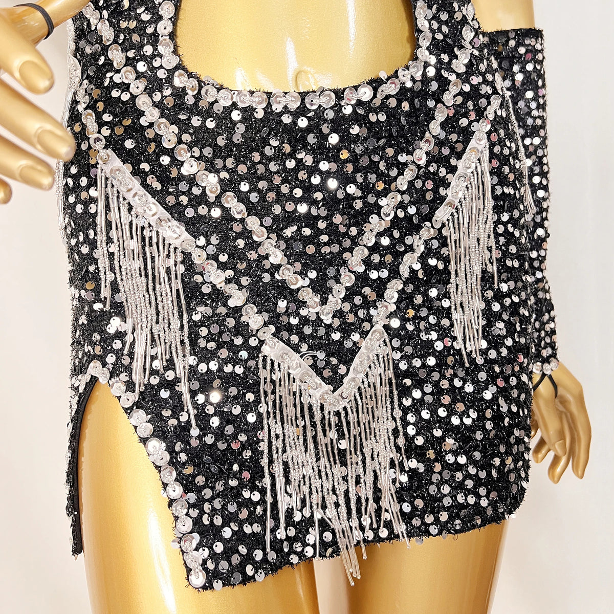 Women's Black Sequin Fringe Cutout Mini Dress Belly Dance Costume
