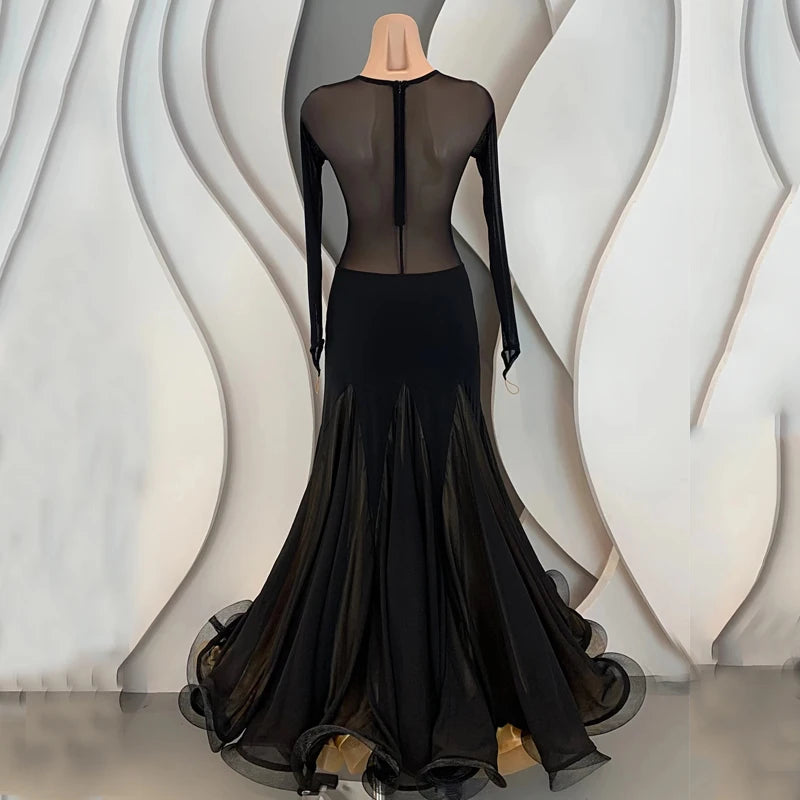Women's Black & Gold Sheer Mesh Sweetheart Cutout Long Sleeve Ballroom Dance Dress