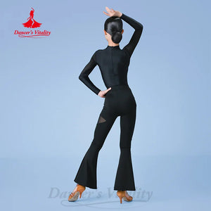 Women's Black Mesh Long Sleeve Mock Neck Leotard with Cutouts and Flared Pants, Latin Dance