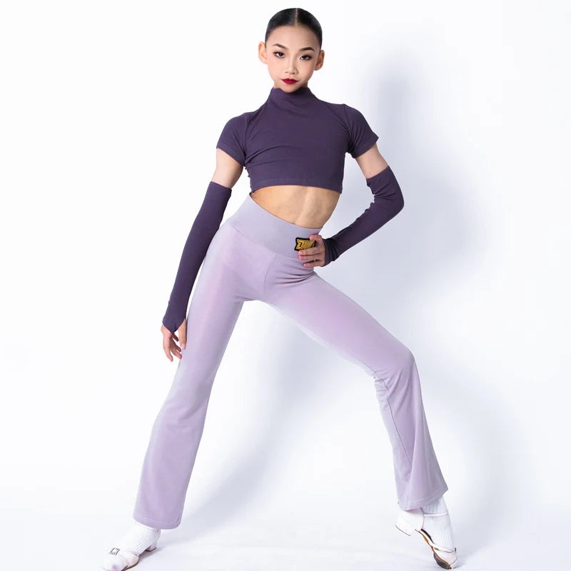 Girls' Lavender Ribbed Crop Top & Flared Pants Set with Arm Warmers, Ballroom Dance