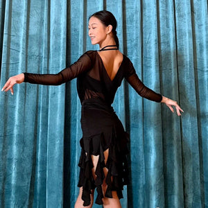 Women's Black Mesh Long Sleeve Ruched Cutout Latin Dance Dress with Ruffled Skirt