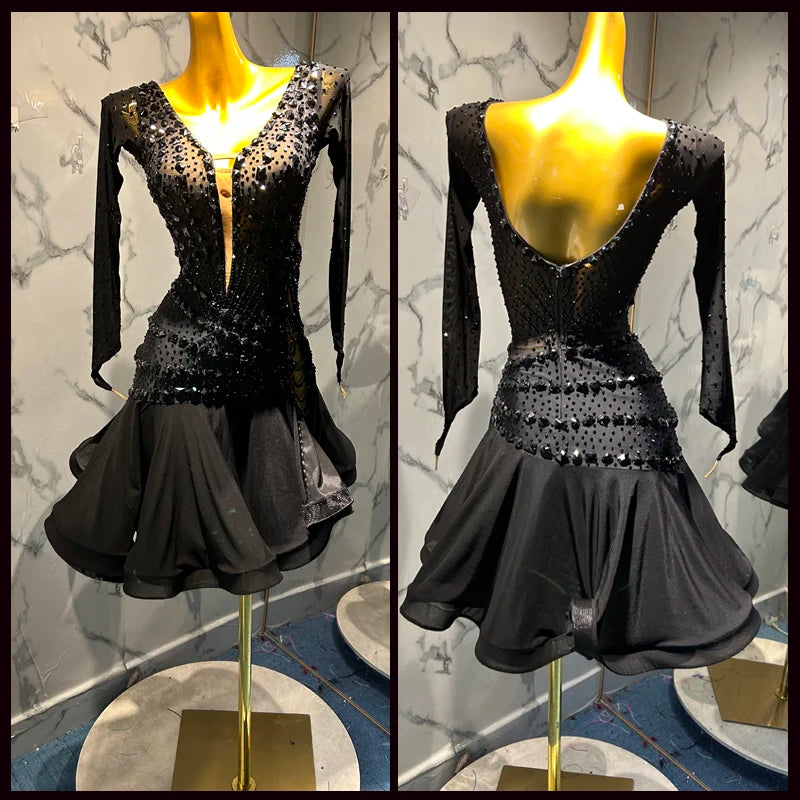 Women's Black Sequin & Mesh Long Sleeve Latin Ballroom Dance Dress