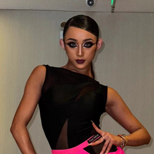 Women's Black & Hot Pink Fringe Asymmetrical Latin Rhythm Dance Dress