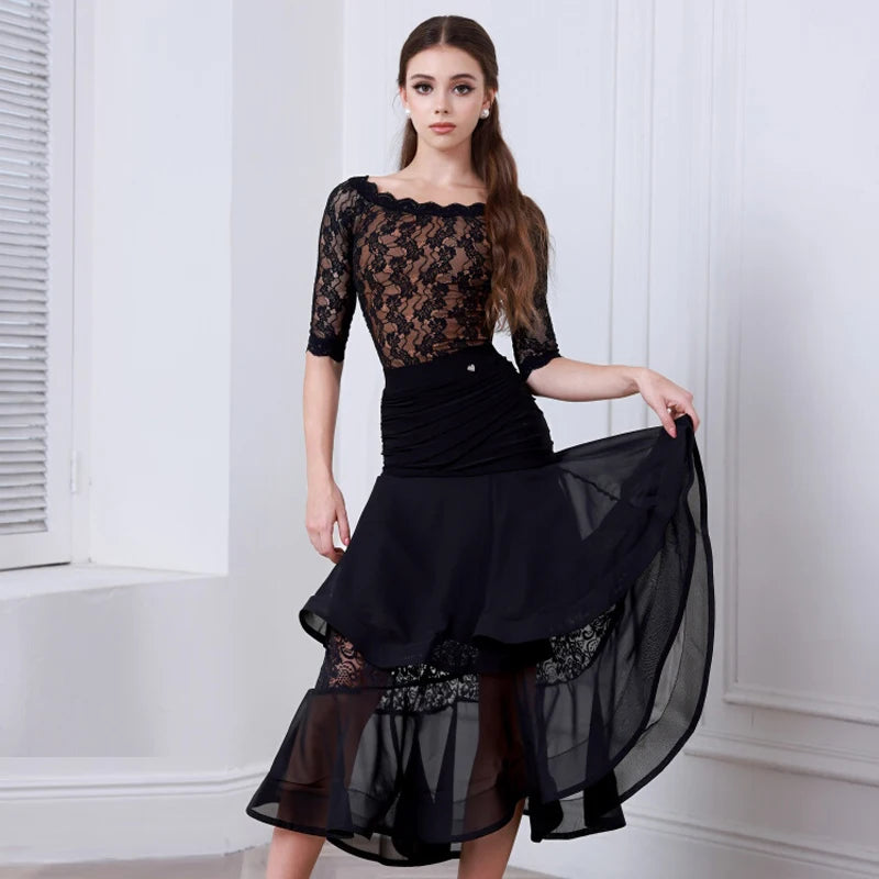 Women's Black Lace & Chiffon Ballroom Dance Dress with Ruched Waist and Tiered Skirt