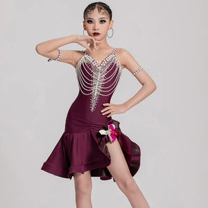 Girls' Burgundy Embellished Beaded Ruffle Latin Dance Dress with Floral Detail