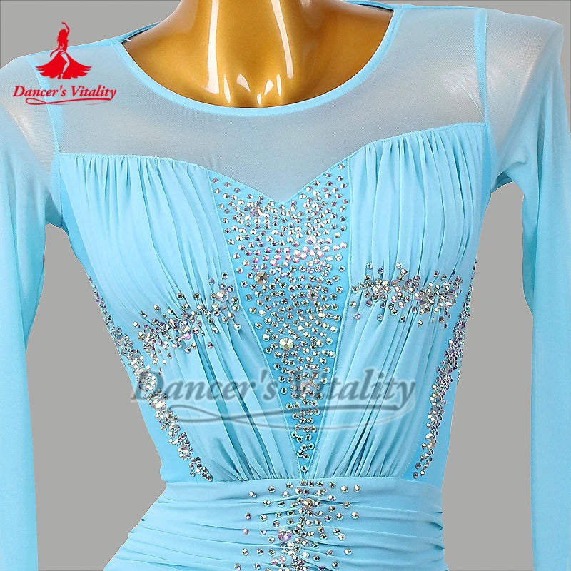 Women's Blue Ballroom Dance Dress, Long Sleeve Mesh Neckline, Ruched Bodice, Crystal Embellishments, Full Skirt