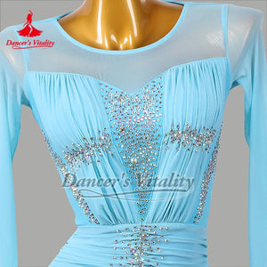Women's Blue Ballroom Dance Dress, Long Sleeve Mesh Neckline, Ruched Bodice, Crystal Embellishments, Full Skirt