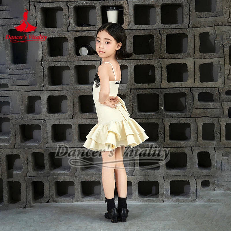 Girls' Ivory & Black Lace Spaghetti Strap Ruffle Latin Dance Dress
