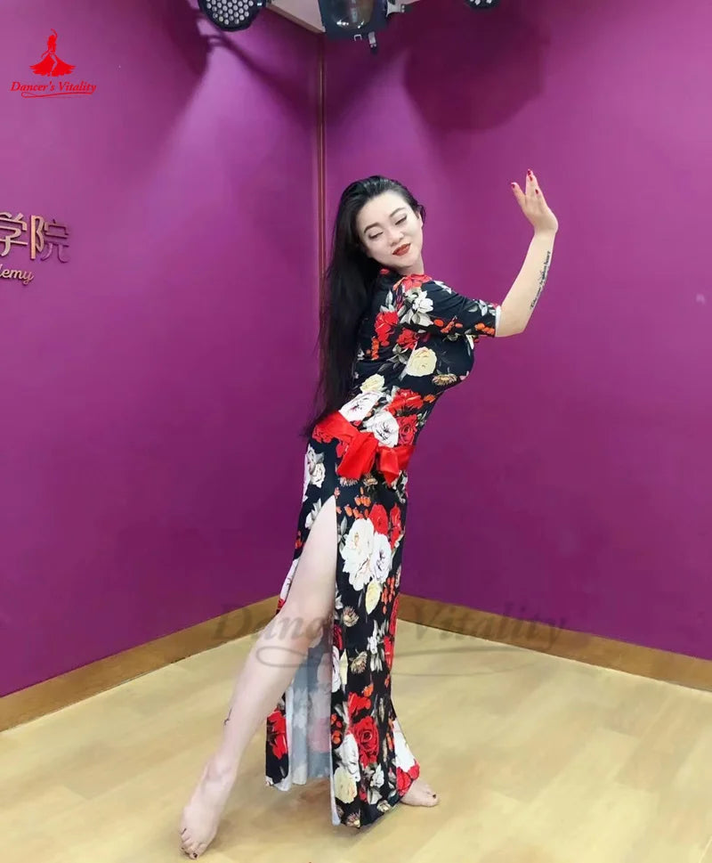 Women's Green & Red Heart Print Latin Dance Dress with Ruffled Hem