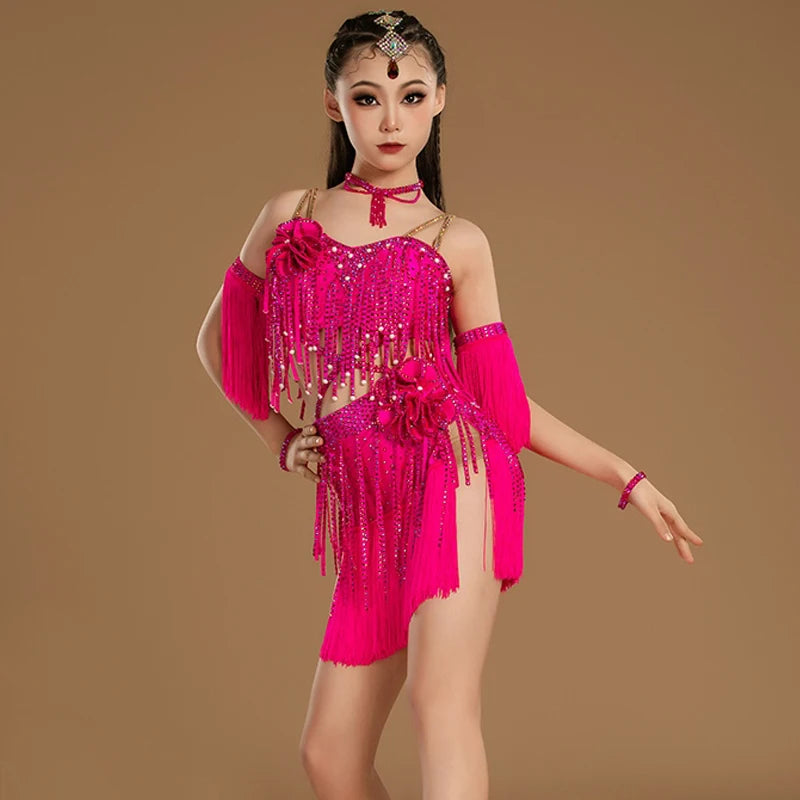 Girls' Hot Pink Sequin Fringe Latin Dance Costume Set with Headpiece and Armbands