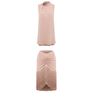 Women's Nude Sleeveless High-Neck Ruffled Fringe Latin Dance Dress