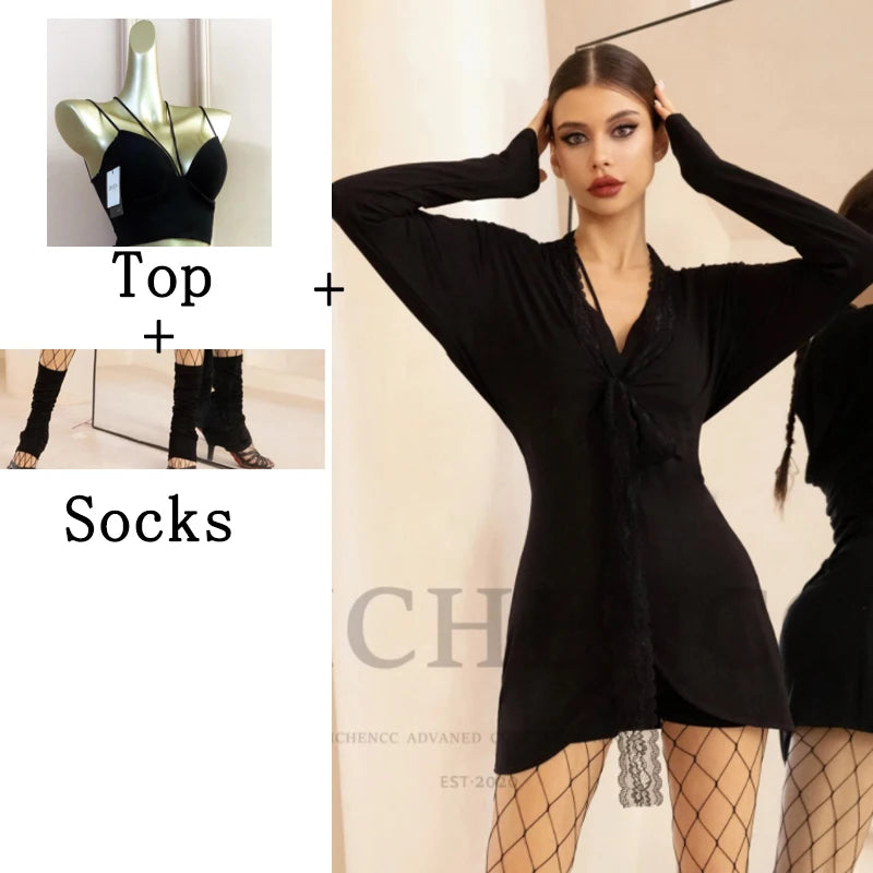 Women's Black Lace Trim Long Sleeve Wrap Dance Dress with Fishnet Tights