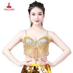 Women's Blue and Gold Sequin Beaded Fringe Belly Dance Bra Top