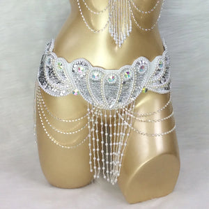 Belly Dance Hip Scarf, Women's Multi-Color Sequin & Bead Fringe Hip Scarf, Tribal Fusion Dance Costume Accessory