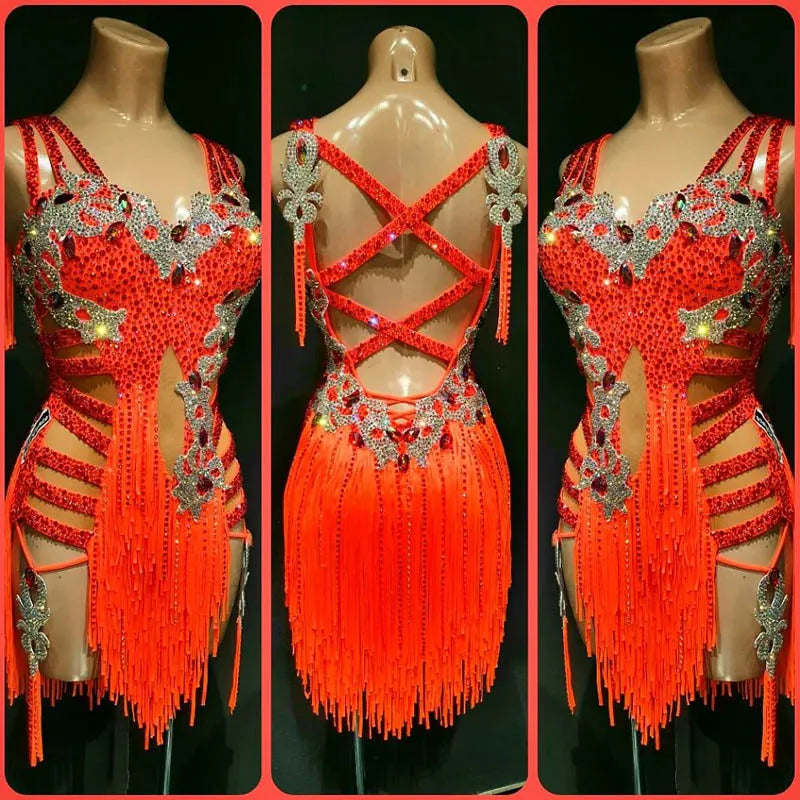 Latin Dance Dress Women's Orange Rhinestone Fringe Cut-Out Backless Performance Costume