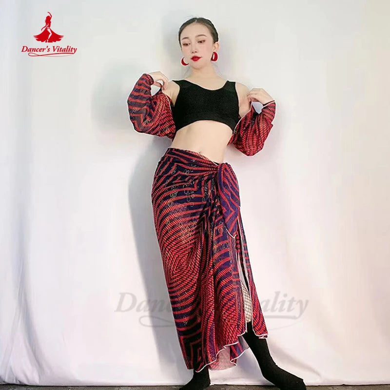 Belly Dance Costume Women's Leopard Print Chiffon Long Sleeve Crop Top and Slit Skirt Set with Fishnet Tights
