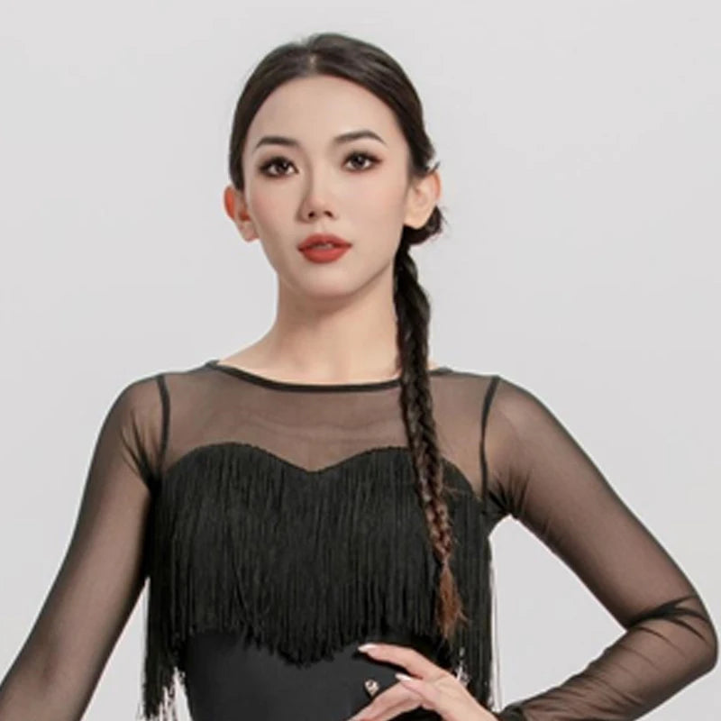 Women Black Mesh Fringe Ruffle Latin Dance Dress