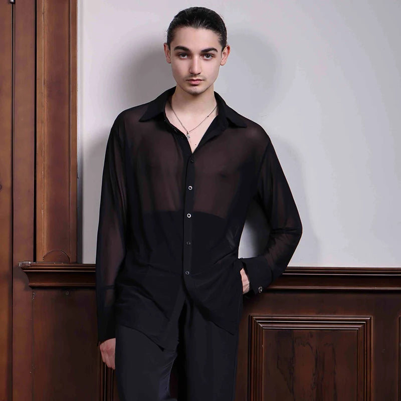 Men's Black Sheer Mesh Long Sleeve Button-Down Dance Shirt for Ballroom