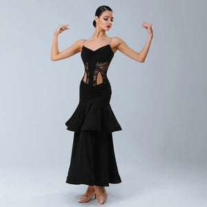 Women's Black Lace & Ruffled Latin Dance Dress with Open Back