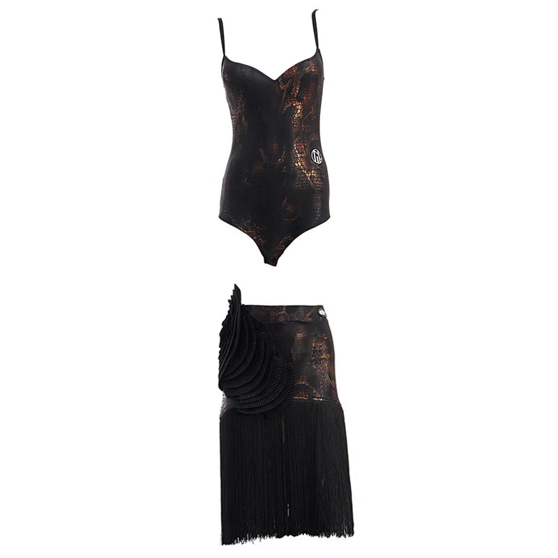 Women's Black & Bronze Snake Print Fringe Latin Dance Dress with Pleated Fan Detail