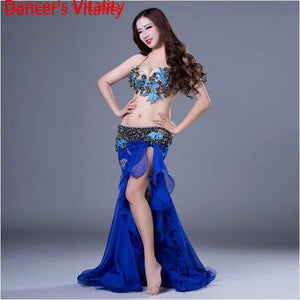 Belly Dance Costume Women's Hot Pink Sequined Halter Top and Ruffled Slit Skirt Set