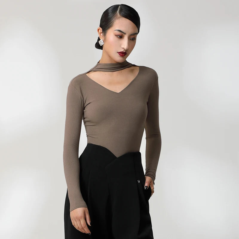 Women's Red Long Sleeve V-Neck Bodysuit with Choker Neckline, Ballroom Dance