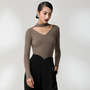 Women's Red Long Sleeve V-Neck Bodysuit with Choker Neckline, Ballroom Dance