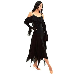 Women's Black Ruffled Cold Shoulder Mesh Ballroom Dance Dress