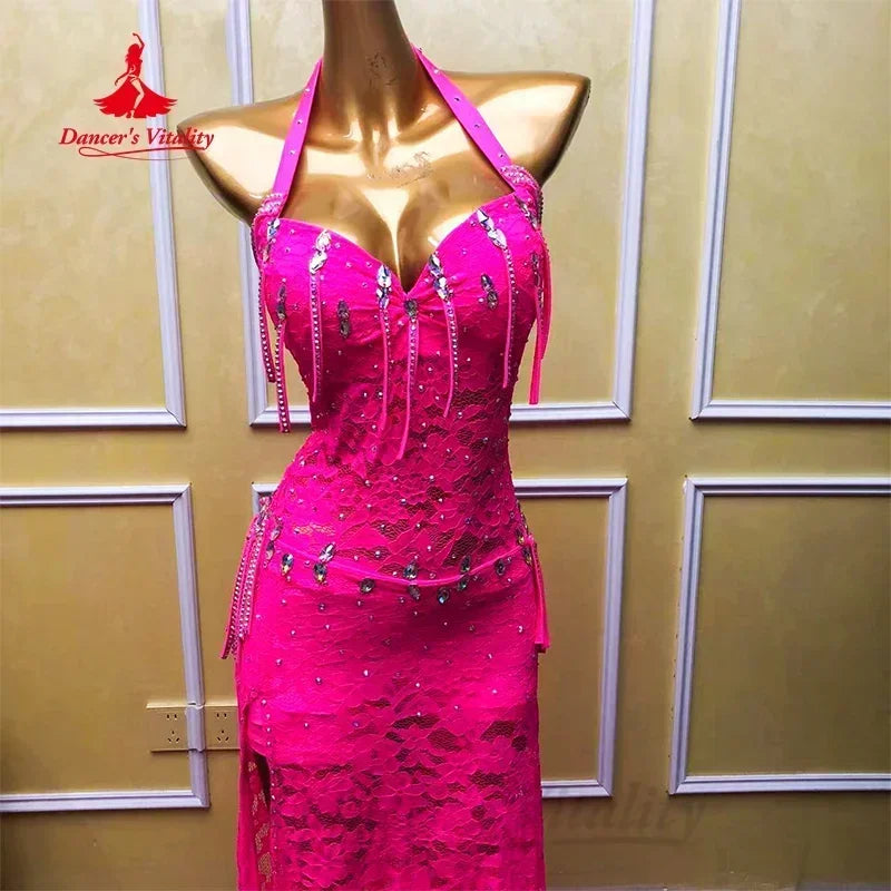 Women's Belly Dance Costume With Lace, AB Rhinestones And Tassel Fringe For Performance Or Competition