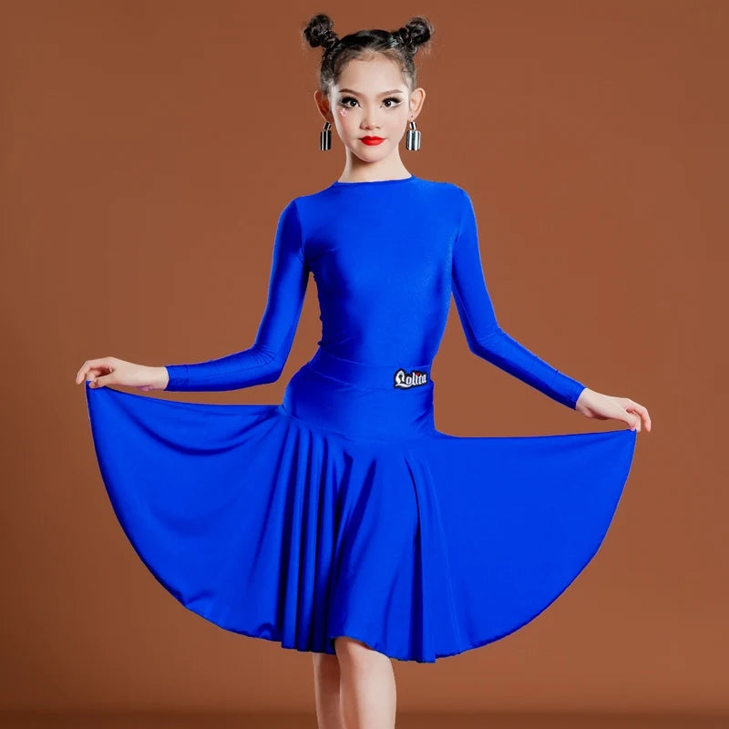 Girls Latin Dance Dress, Long Sleeve, Pleated Skirt, Ballroom Performance Costume