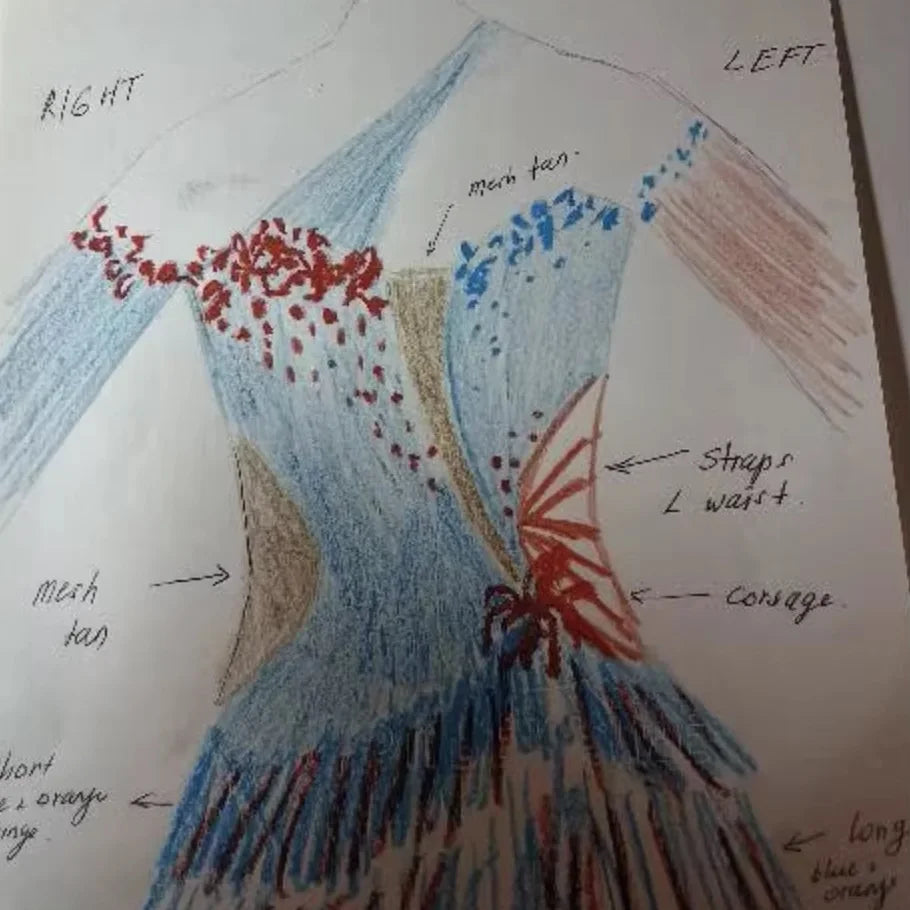 Women's Blue and Orange Fringe Latin Dance Dress with Mesh Details