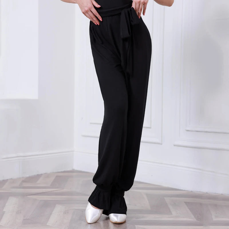 Women's Black Short Sleeve Boat Neck Dance Top and Wide Leg Ruffle Hem Pants Set for Latin Ballroom