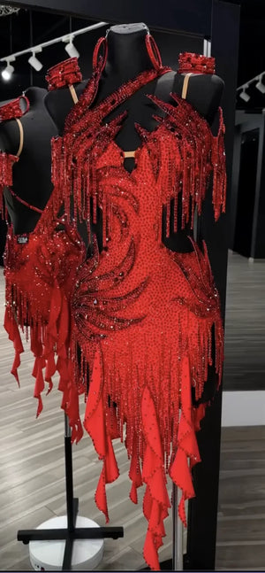 Women's Red Rhinestone Fringe Latin Rhythm Ballroom Dance Dress with Ruffled Skirt