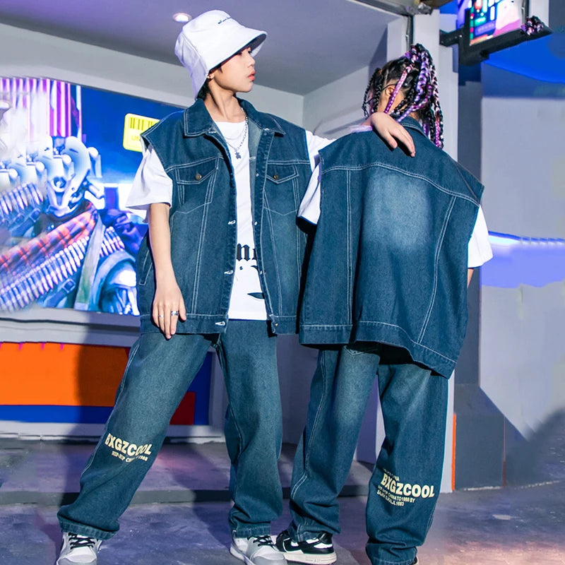 Kids' Unisex Blue Denim Hip Hop Dance Outfit with Vest, White T-Shirt, and Loose-Fit Pants