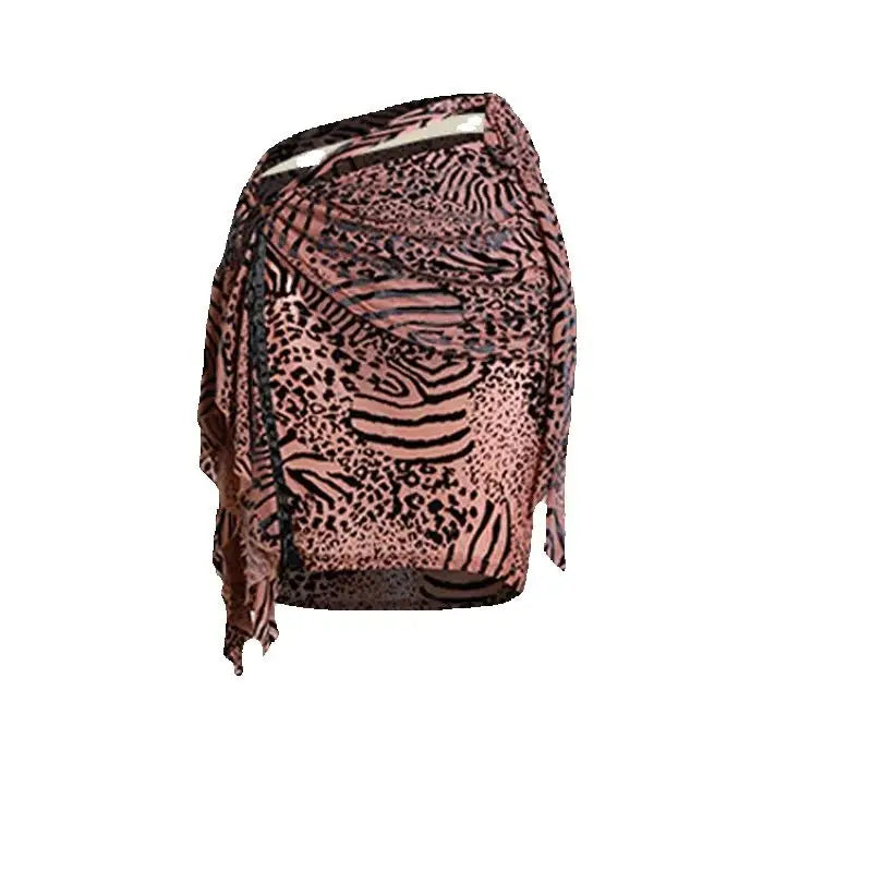 Dance Top and Skirt Set, Women's, Red and Black/Brown Animal Print, Long Sleeve Sweetheart Neck Wrap Crop Top with Asymmetrical Mesh Skirt, Latin Dance